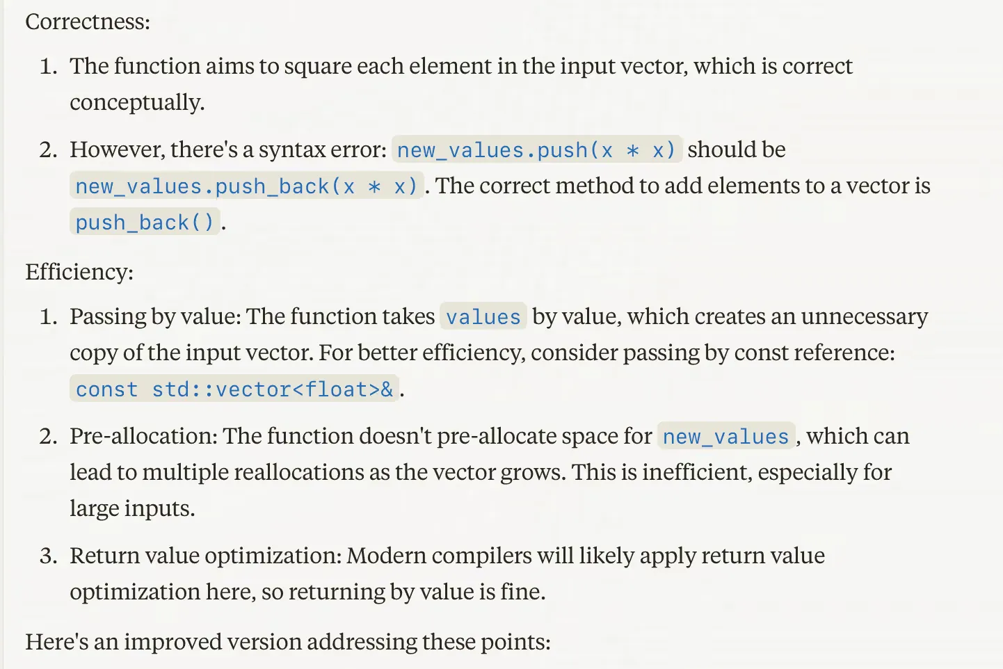 Claude's code review and efficiency suggestions