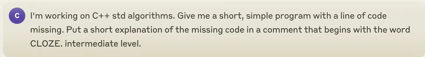 Syntax cloze exercise generated by Claude