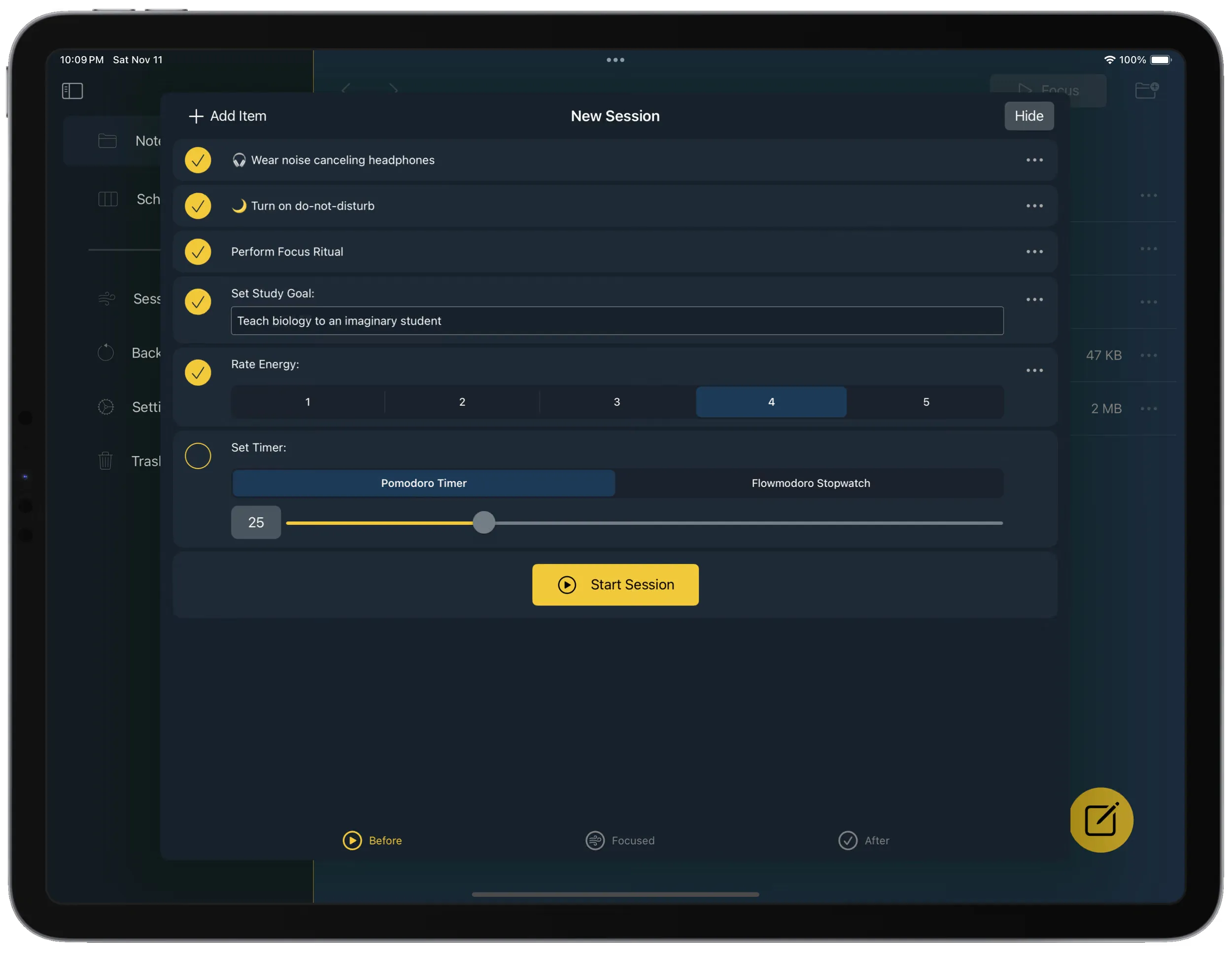 Focus session interface