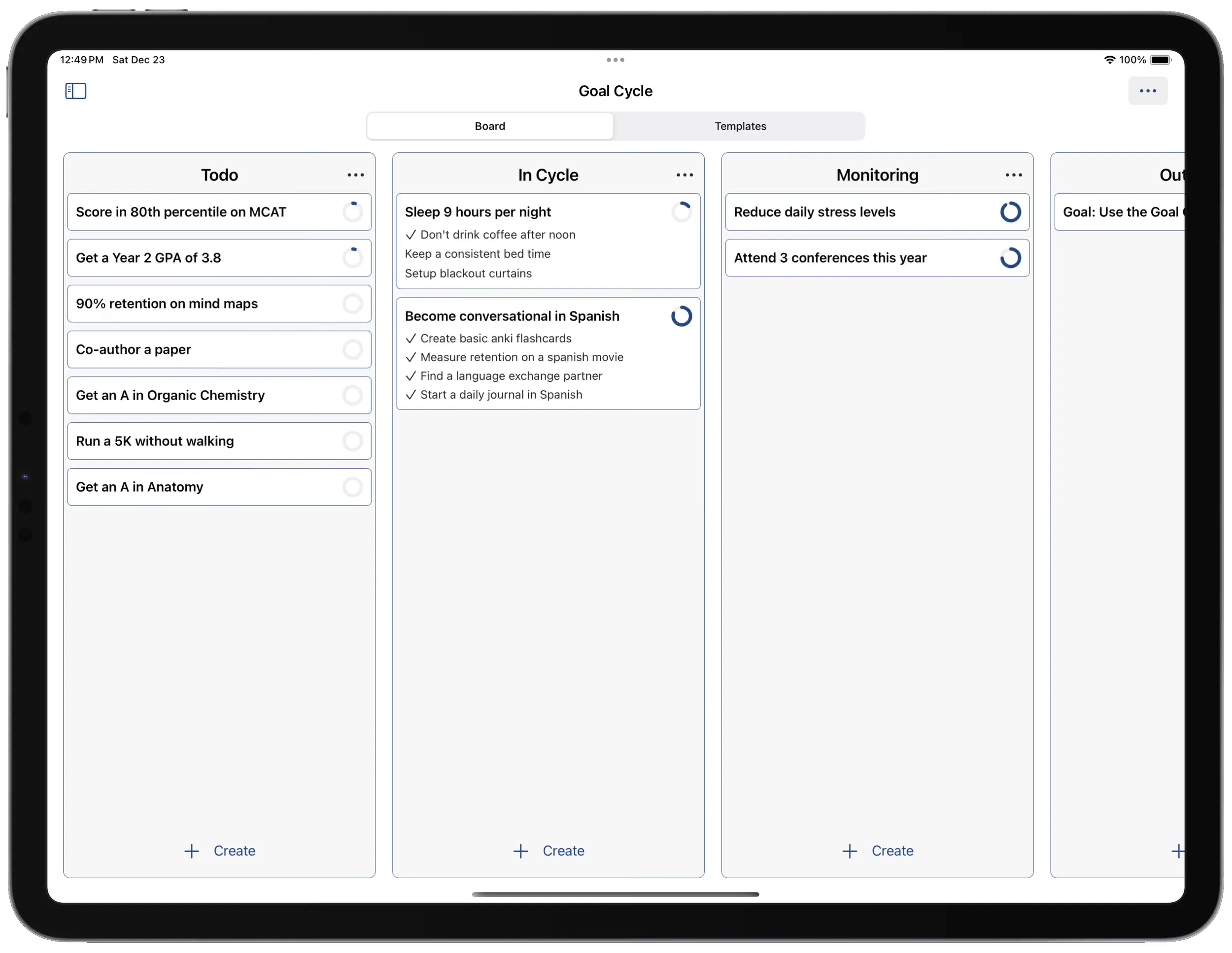 Goal cycle board view in light theme