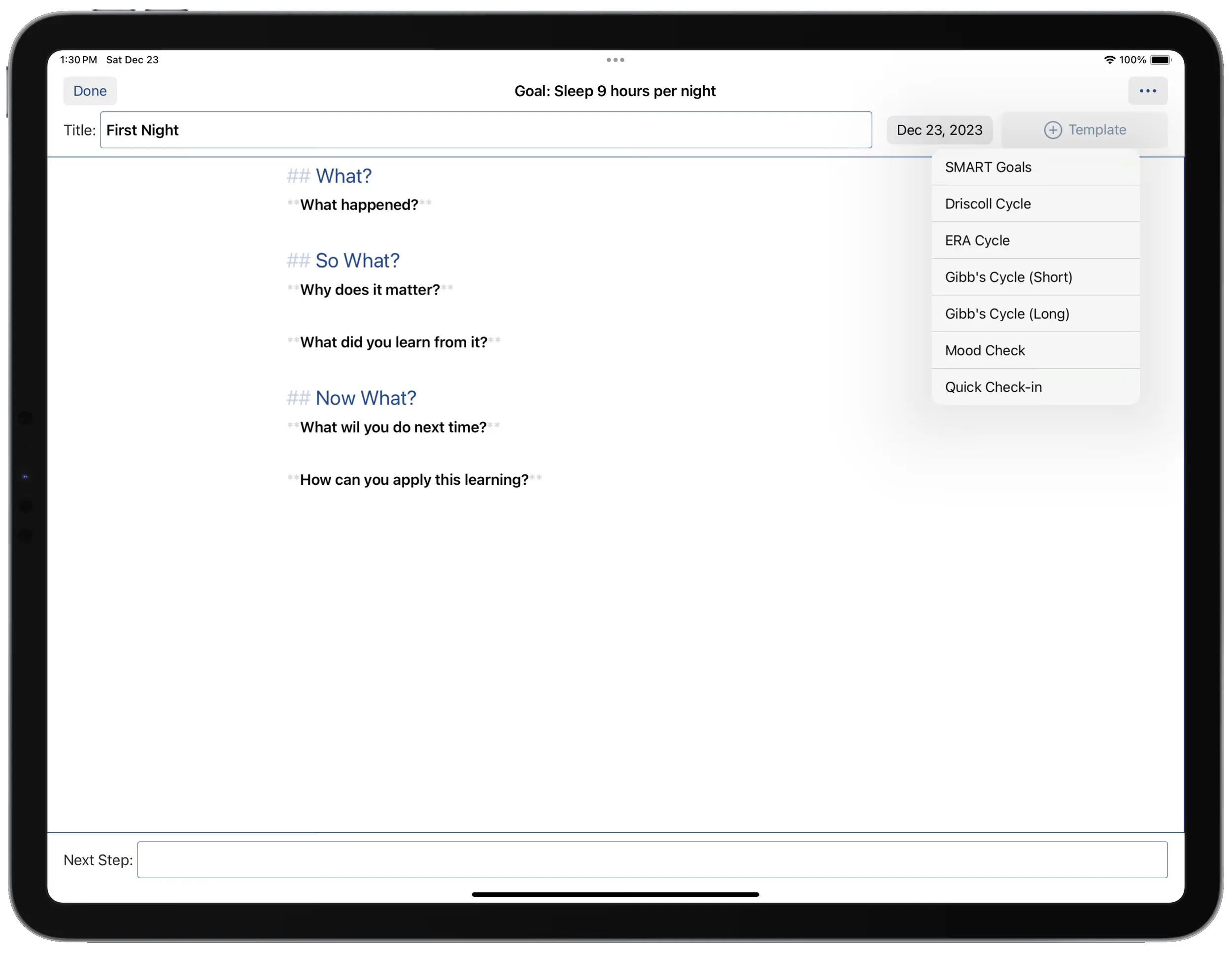 Inserting Driscoll's reflection template into a goal cycle