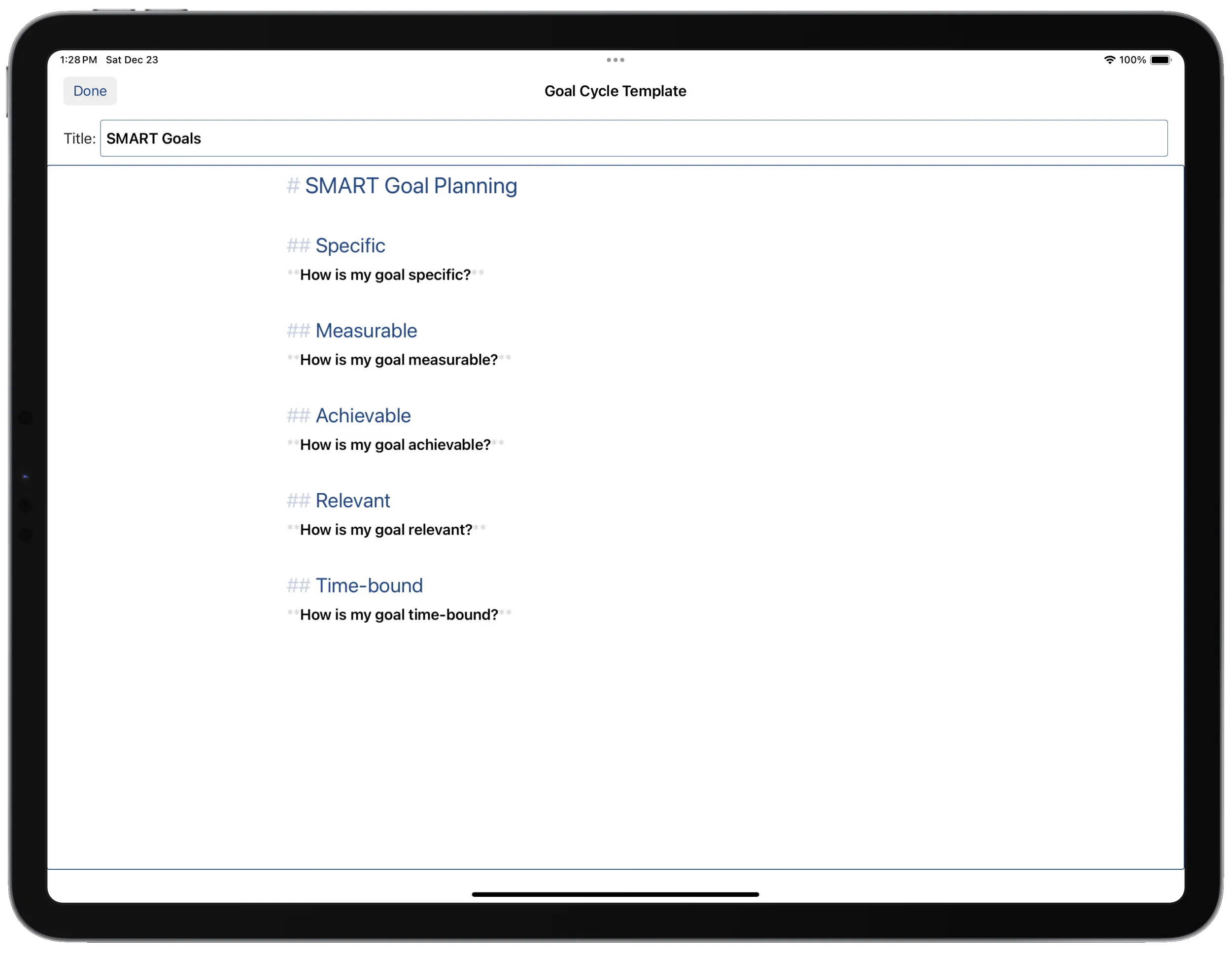 SMART goals template in a goal cycle