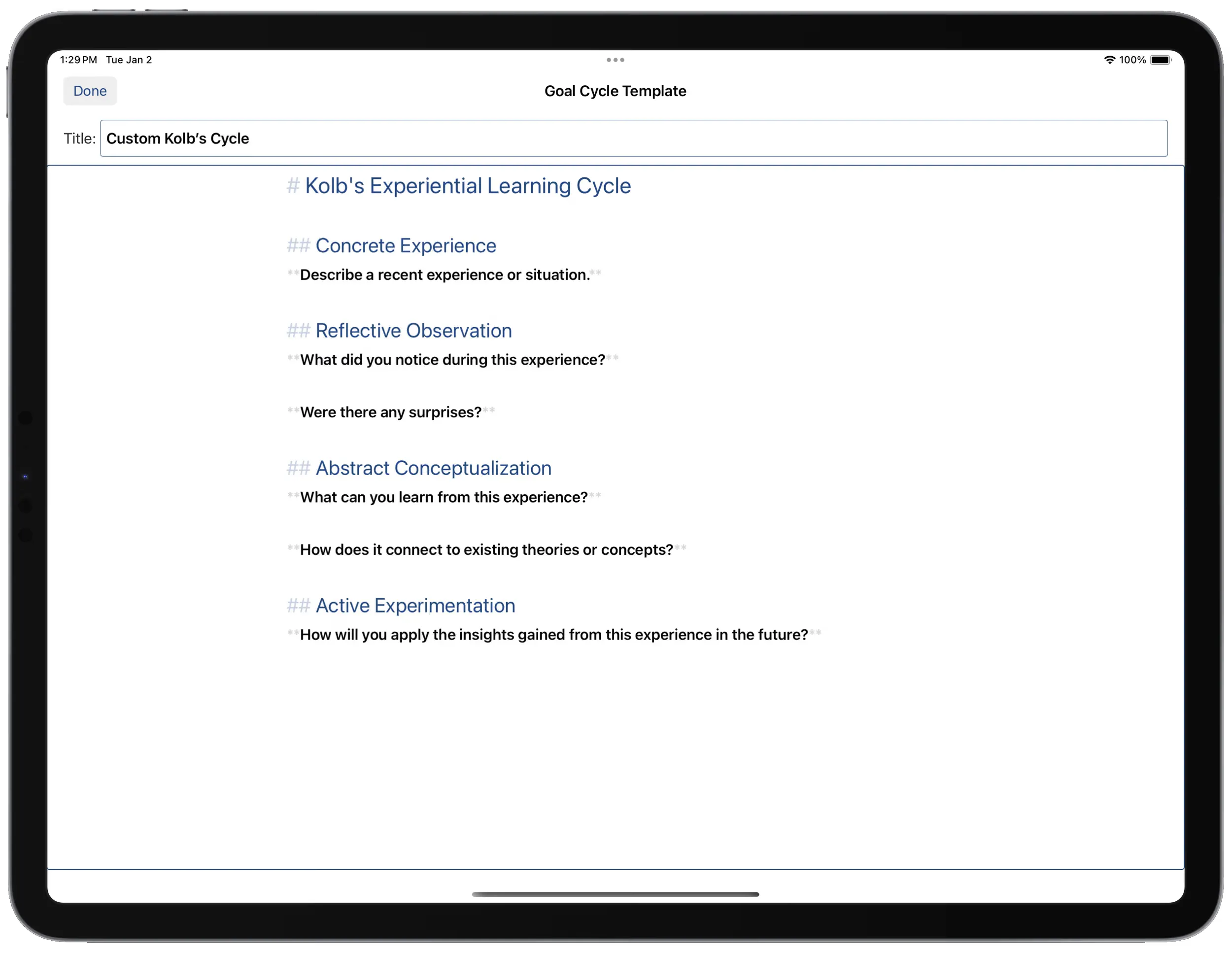 Selecting Kolb's experiential learning template