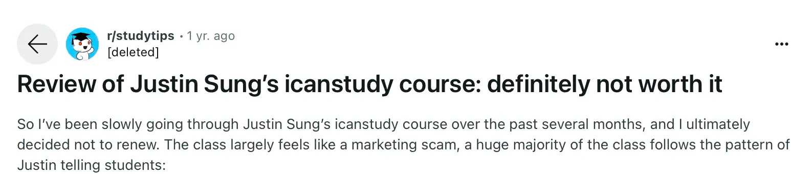 Reddit post reviewing iCanStudy
