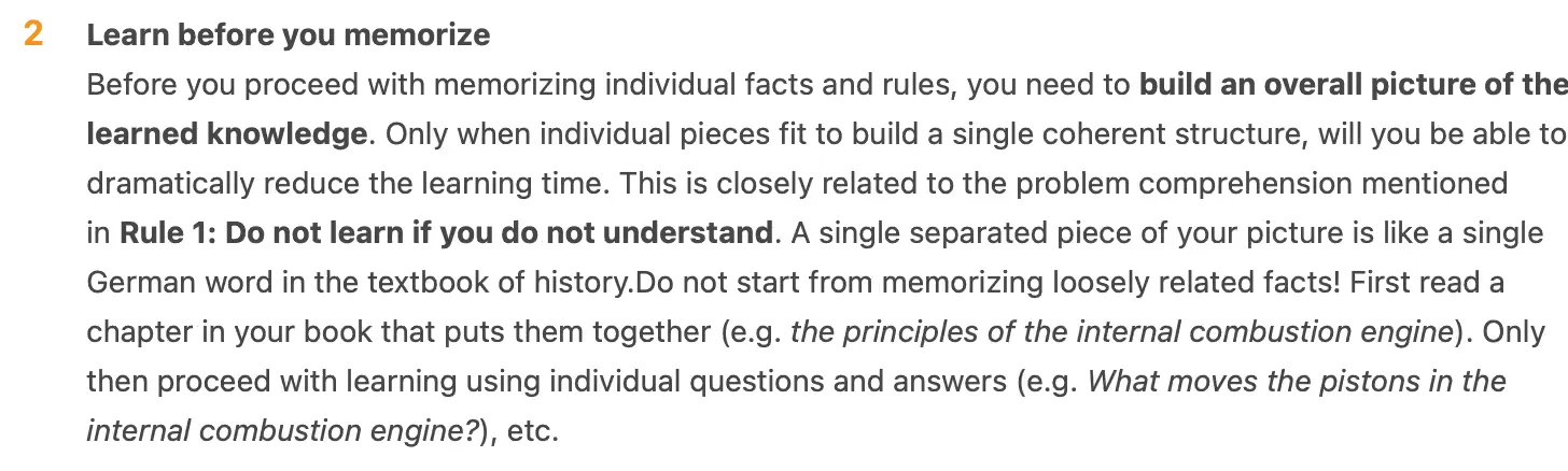 Piotr Wozniak's rule: Learn before you memorize