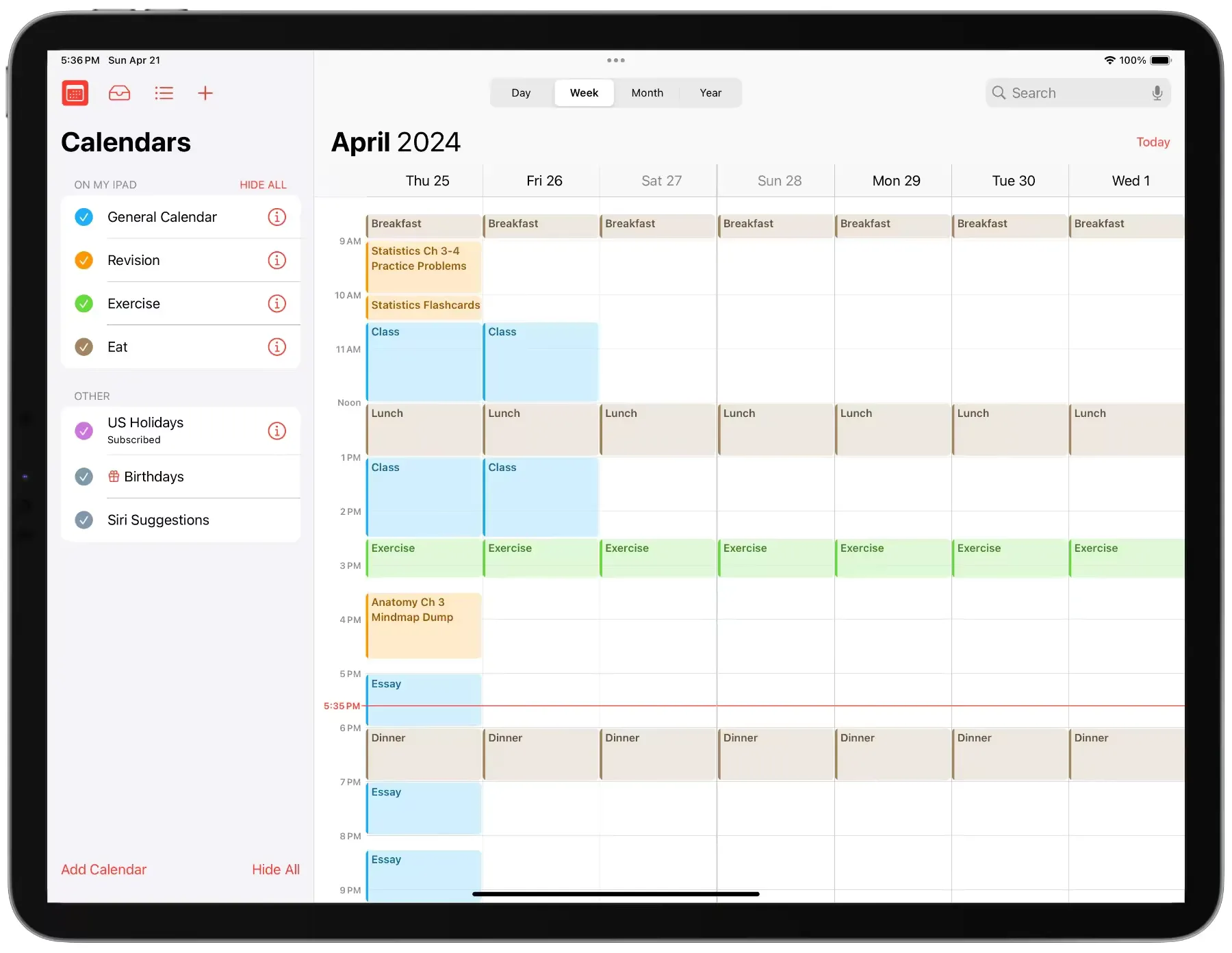 Calendar with time-blocked study sessions